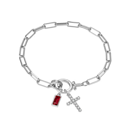 Paperclip Birthstone Cross Charm Bracelet