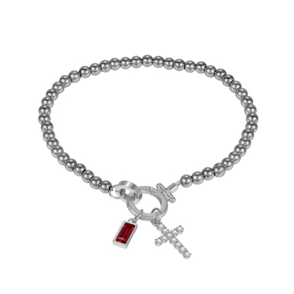 Gold Beaded Birthstone Cross Charm Bracelet - CLAYCALI