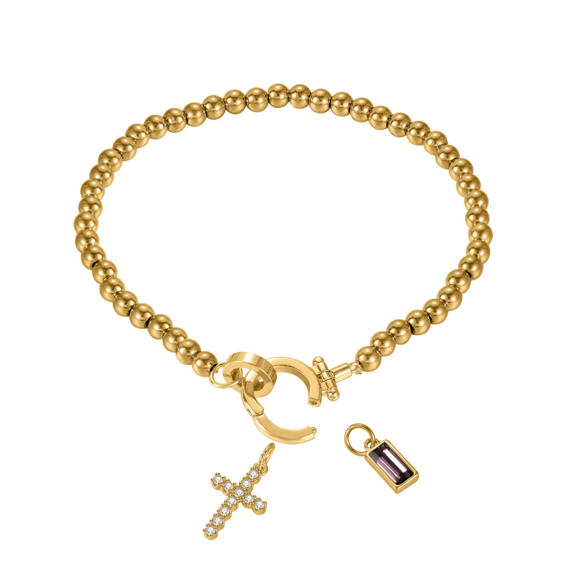 Gold Beaded Birthstone Cross Charm Bracelet - CLAYCALI