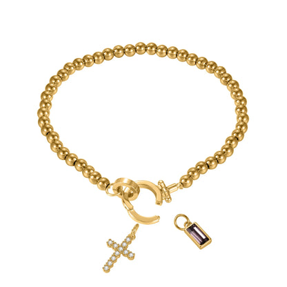 Gold Beaded Birthstone Cross Charm Bracelet - CLAYCALI