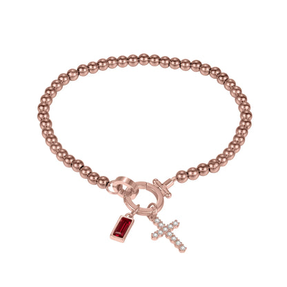 Gold Beaded Birthstone Cross Charm Bracelet - CLAYCALI