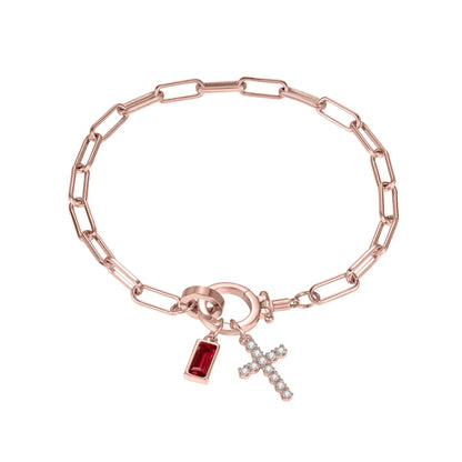 Paperclip Birthstone Cross Charm Bracelet