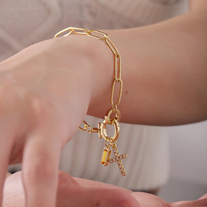 Paperclip Birthstone Cross Charm Bracelet - CLAYCALI