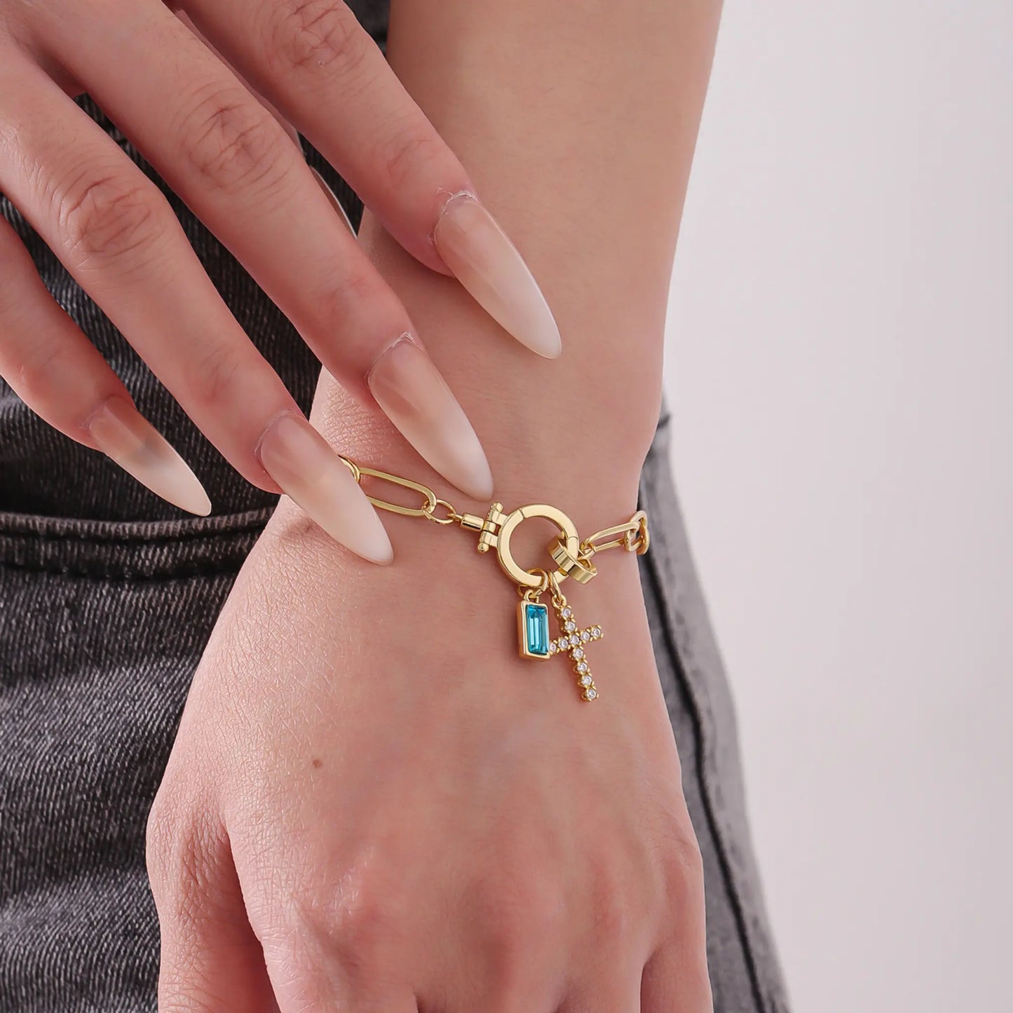Paperclip Birthstone Cross Charm Bracelet - CLAYCALI