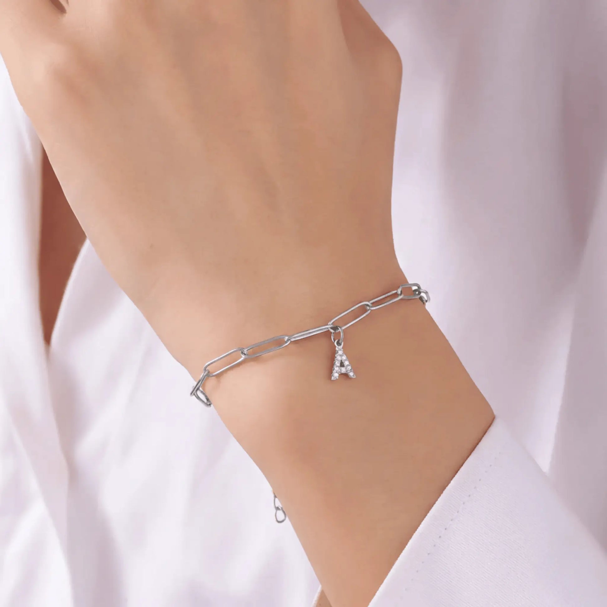 Silver Paperclip Initial Charm Bracelet - CLAYCALI