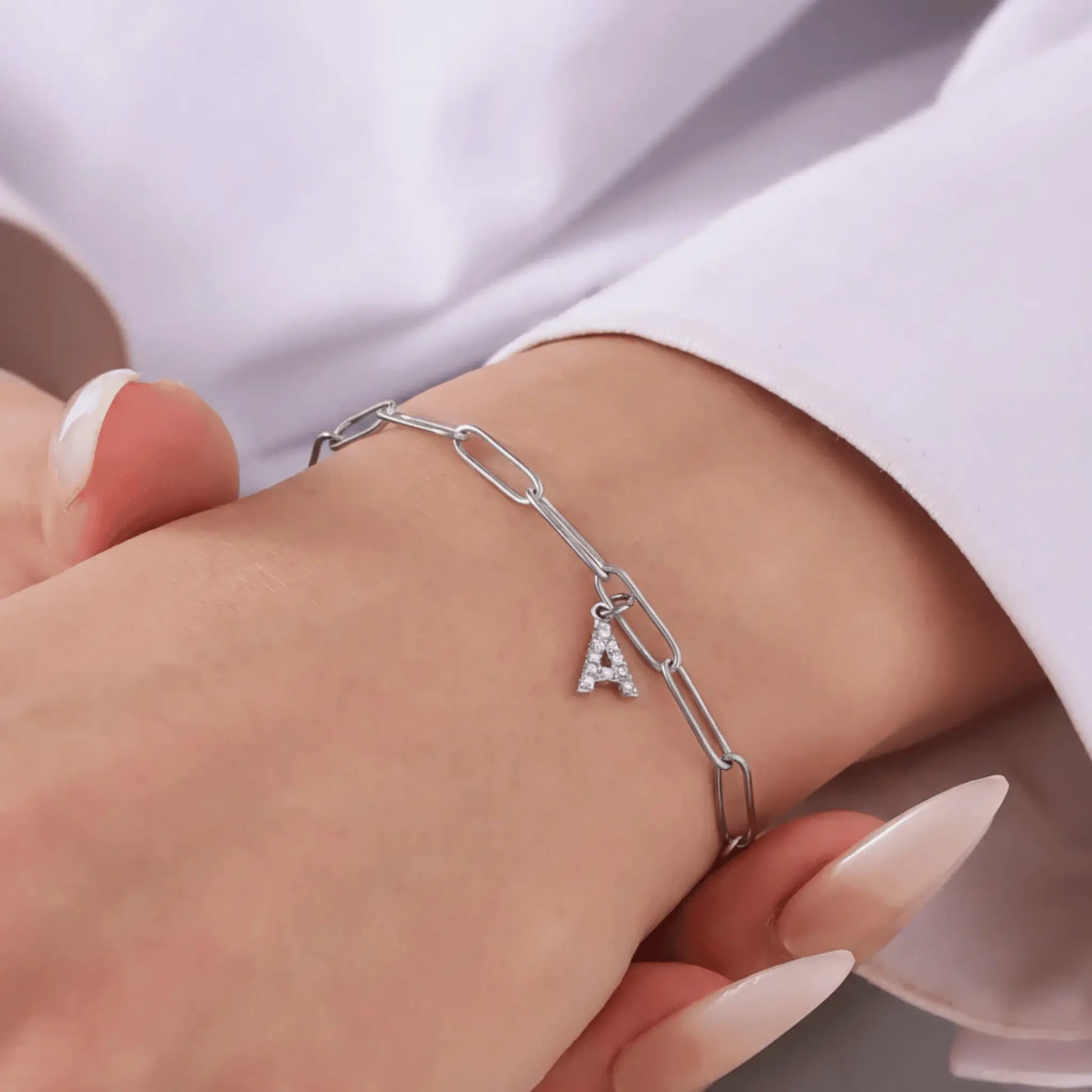 Silver Paperclip Initial Charm Bracelet - CLAYCALI