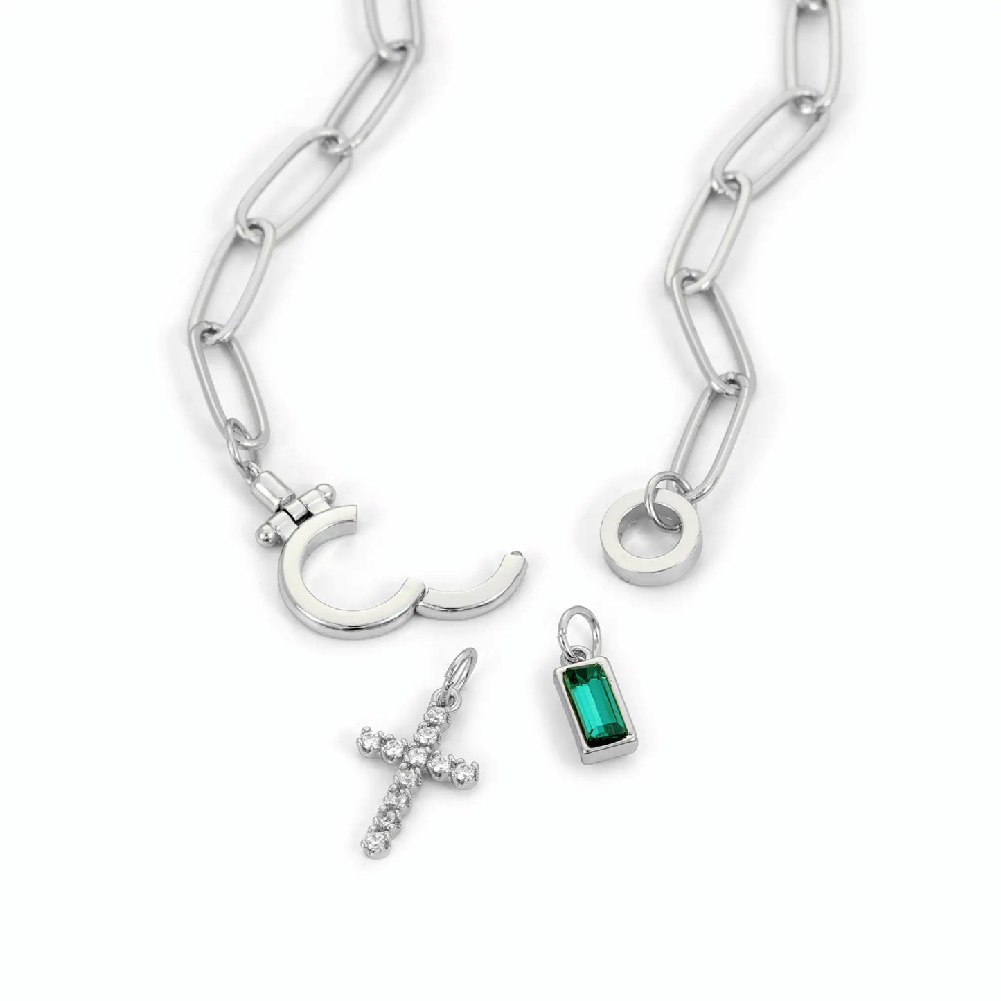 Paperclip Birthstone Cross Charm Necklace - CLAYCALI