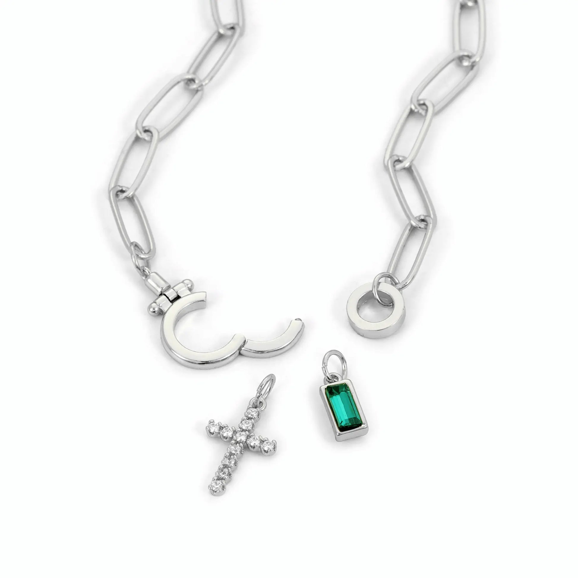 Paperclip Birthstone Cross Charm Necklace - CLAYCALI