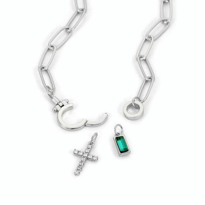 Paperclip Birthstone Cross Charm Necklace - CLAYCALI