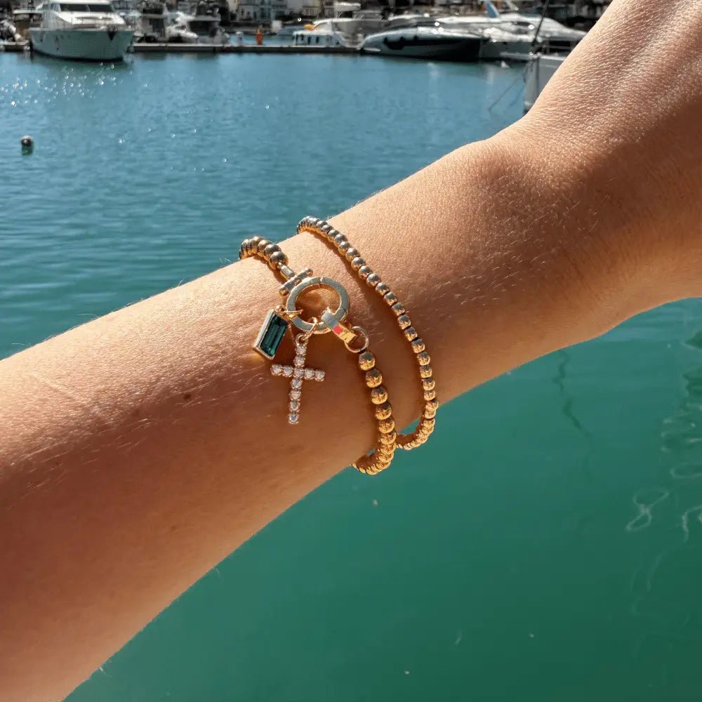 Gold Beaded Birthstone Cross Charm Bracelet - CLAYCALI