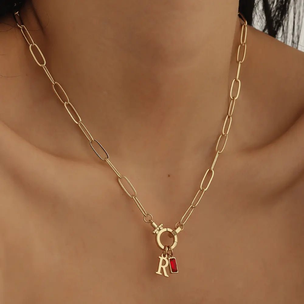 Paperclip Birthstone Initial Charm Necklace - CLAYCALI