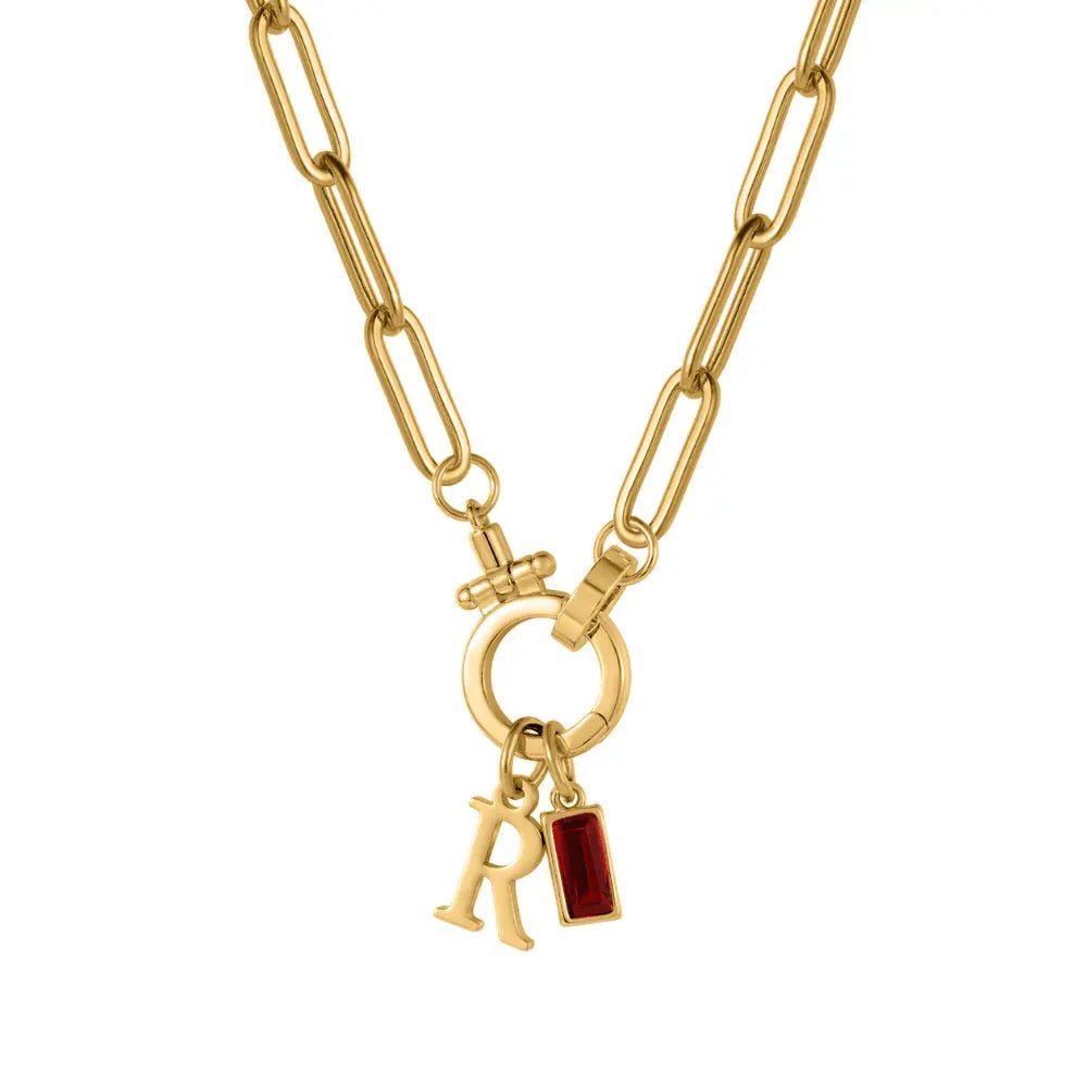 Paperclip Birthstone Initial Charm Necklace