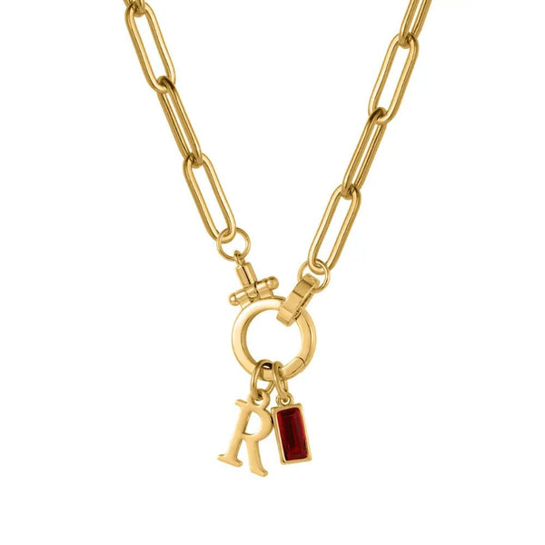Paperclip Birthstone Initial Charm Necklace