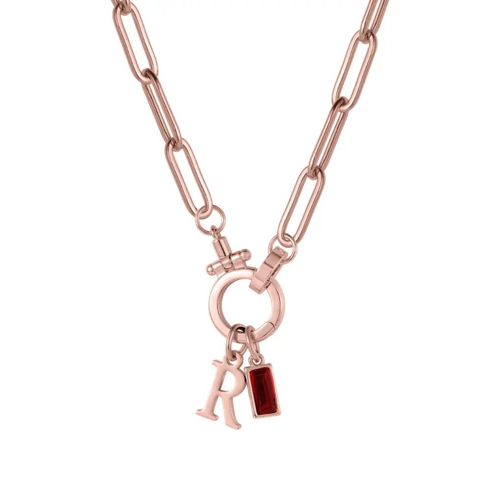 Paperclip Birthstone Initial Charm Necklace - CLAYCALI