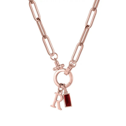 Paperclip Birthstone Initial Charm Necklace - CLAYCALI