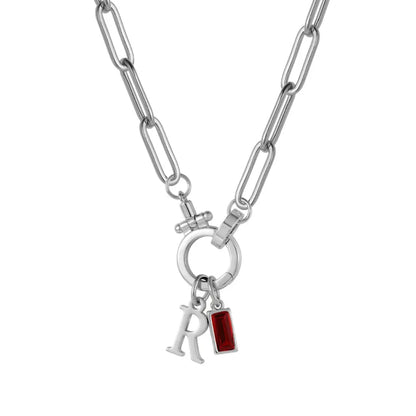Paperclip Birthstone Initial Charm Necklace - CLAYCALI