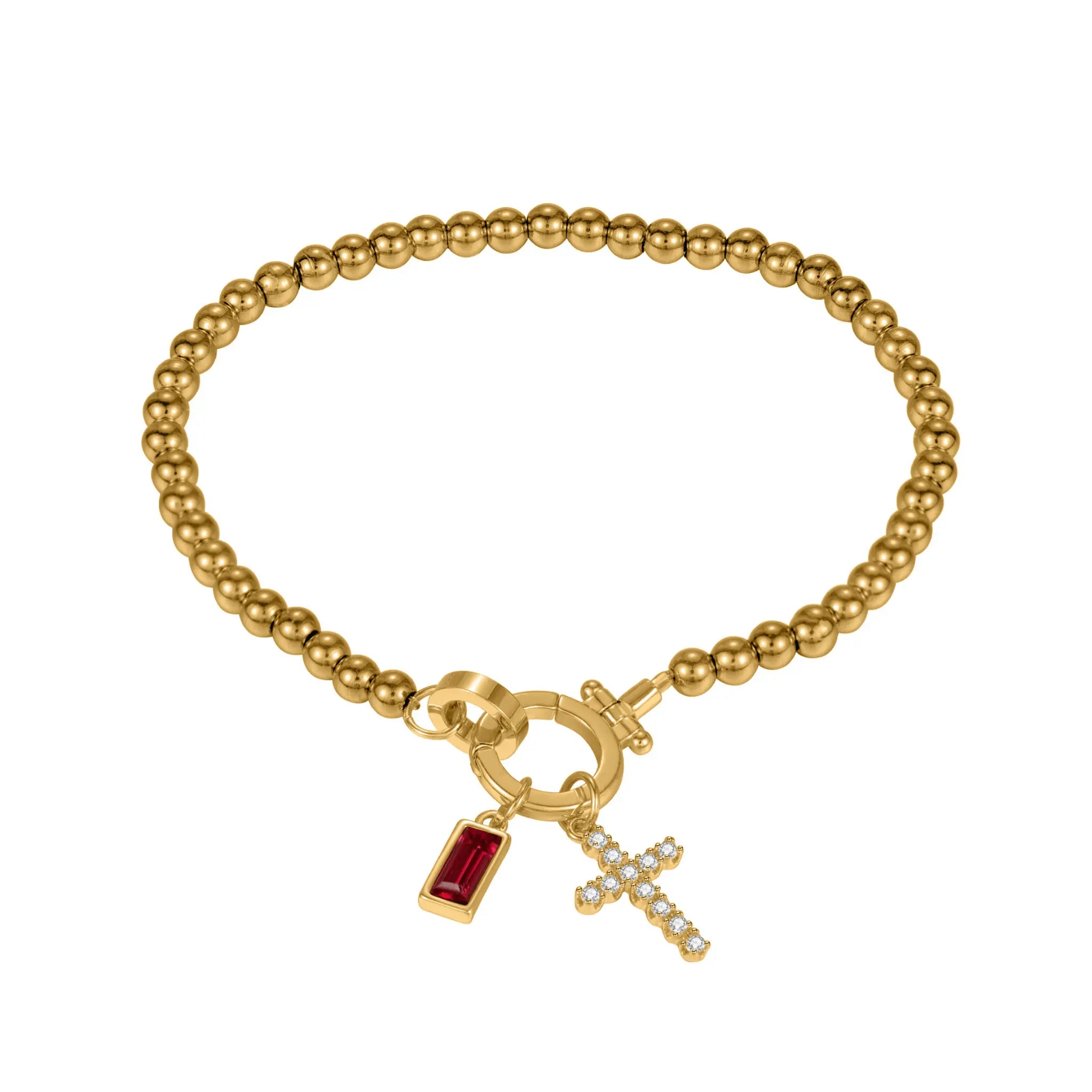 Gold Beaded Birthstone Cross Charm Bracelet