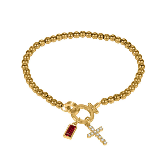 Gold Beaded Birthstone Cross Charm Bracelet