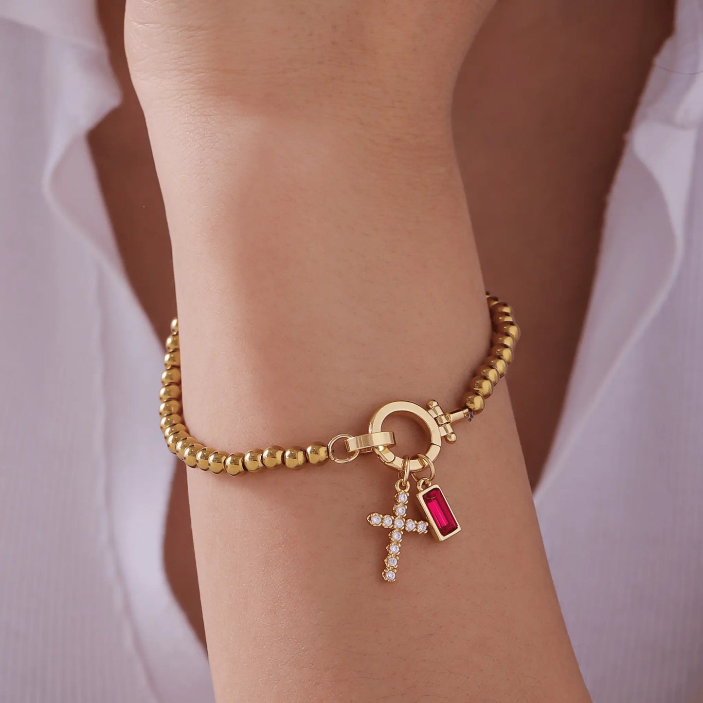Gold Beaded Birthstone Cross Charm Bracelet - CLAYCALI