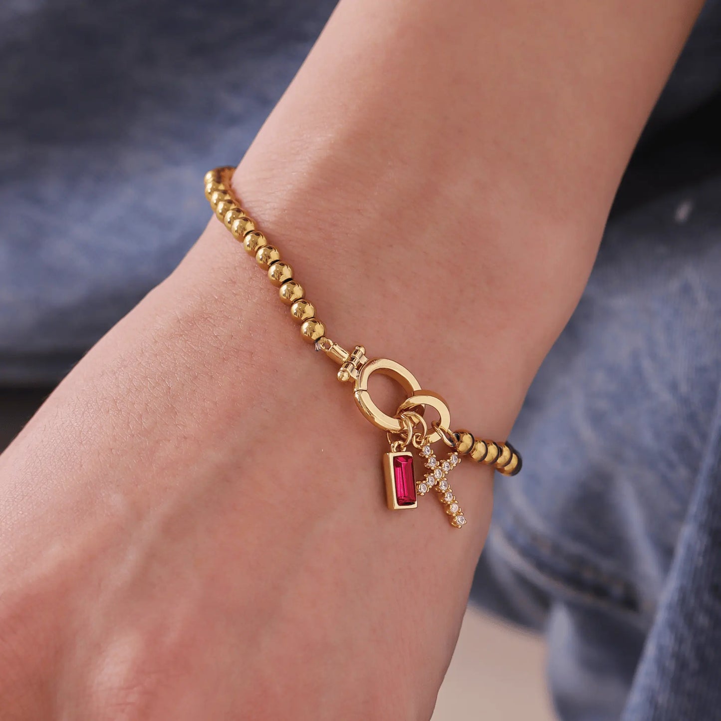 Gold Beaded Birthstone Cross Charm Bracelet - CLAYCALI