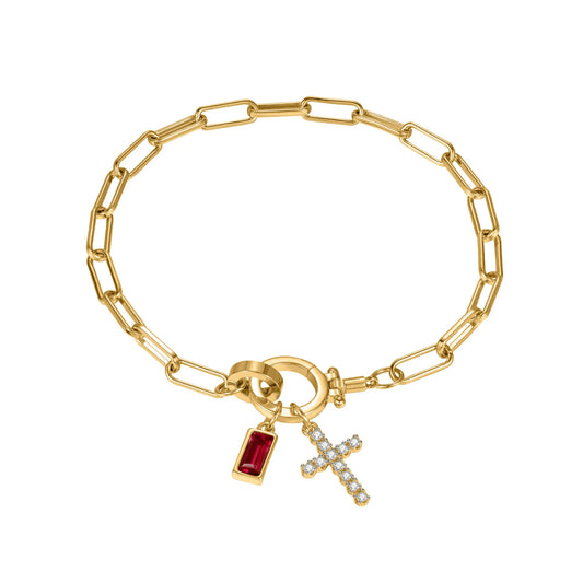 Paperclip Birthstone Cross Charm Bracelet