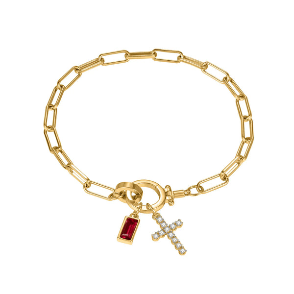 Paperclip Birthstone Cross Charm Bracelet