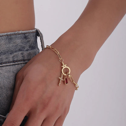 Paperclip Birthstone Cross Charm Bracelet