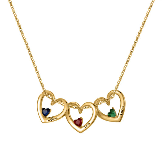 Custom 3 Hearts Name & Birthstone Necklace