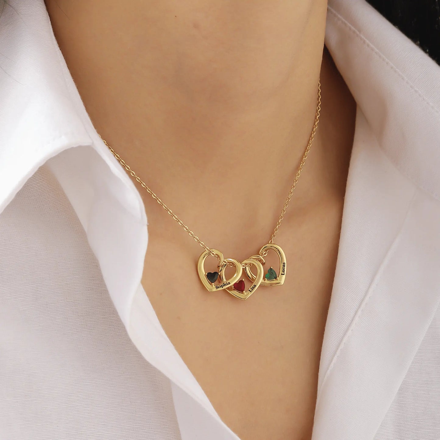 Custom 3 Hearts Name & Birthstone Necklace - CLAYCALI