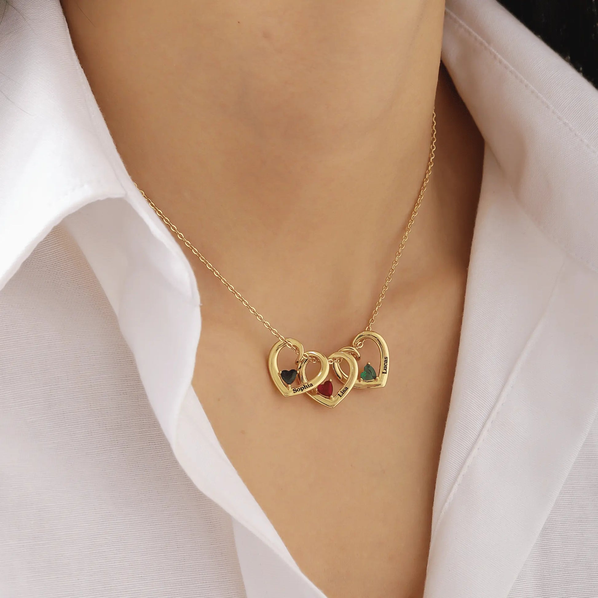 Custom 3 Hearts Name & Birthstone Necklace - CLAYCALI