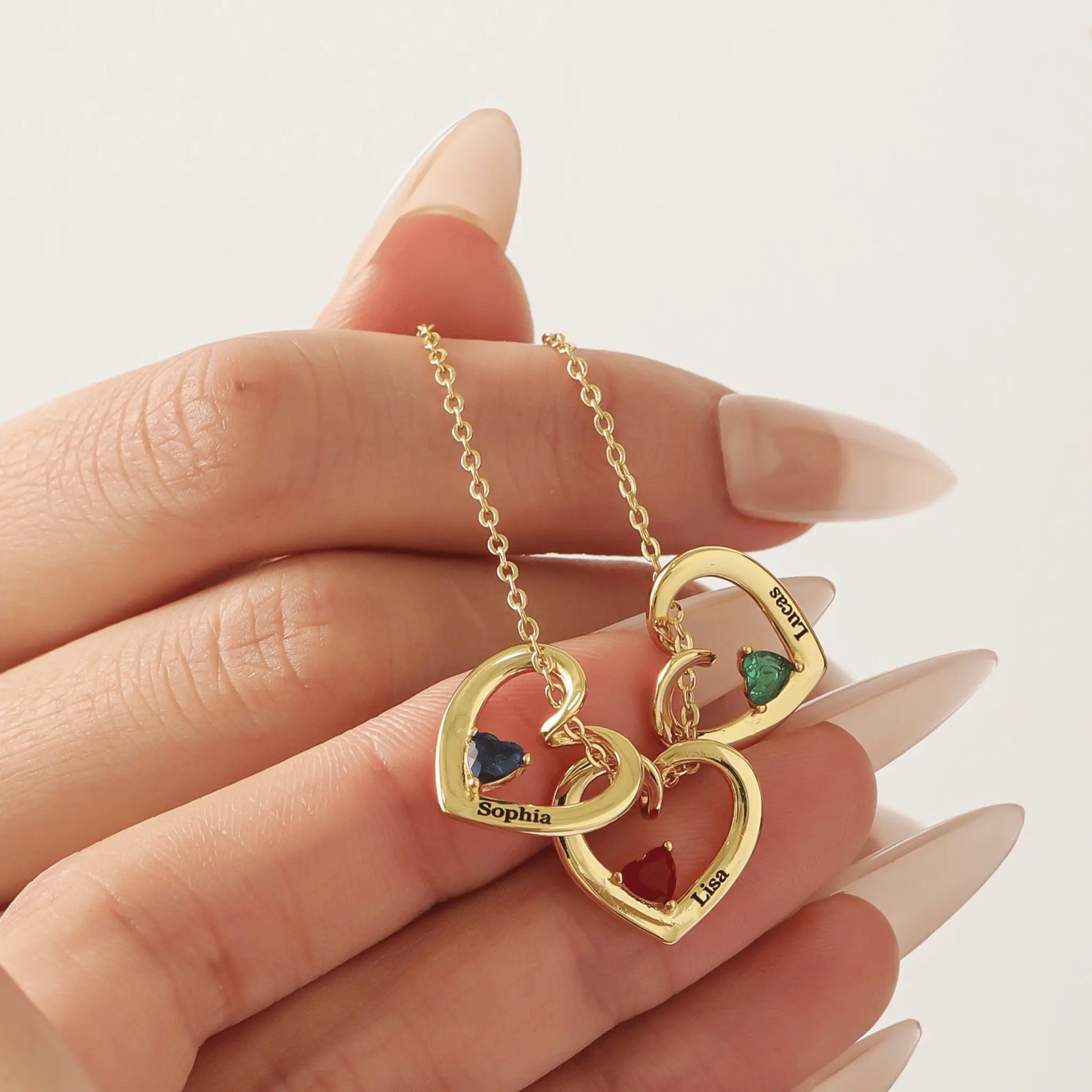 Custom 3 Hearts Name & Birthstone Necklace - CLAYCALI