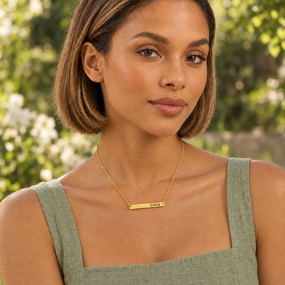 Bea Engravable Bar Necklace — on model