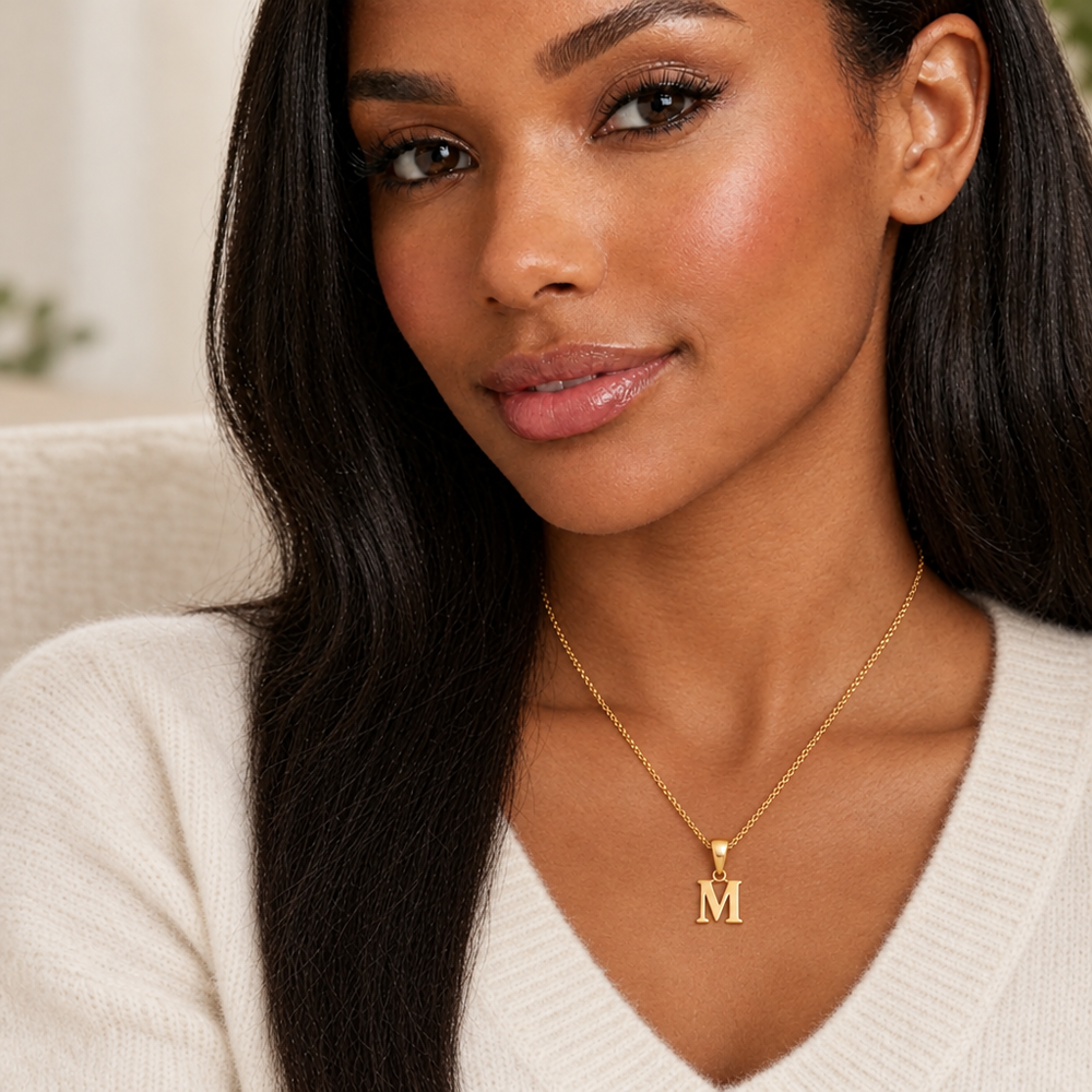 Jules Gold Initial Charm Necklace — on model