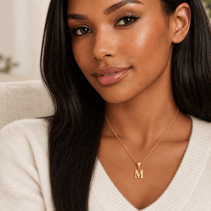 Jules Gold Initial Charm Necklace — on model