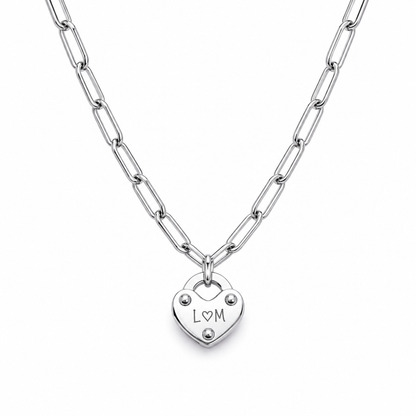 Ella Heart Lock Initial Necklace — white background silver