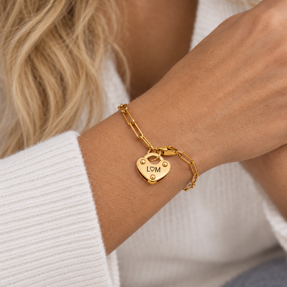 Romy Heart Lock Initial Bracelet — close-up