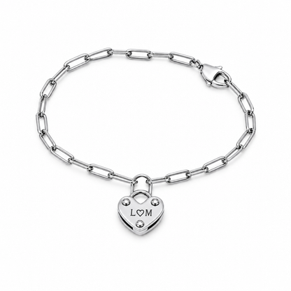 Romy Heart Lock Initial Bracelet — white background silver