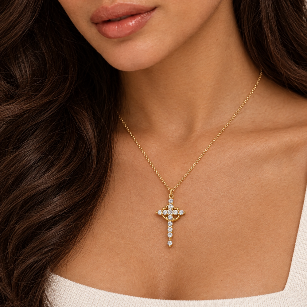 Adeline Crown Cross Necklace & Earrings — close-up