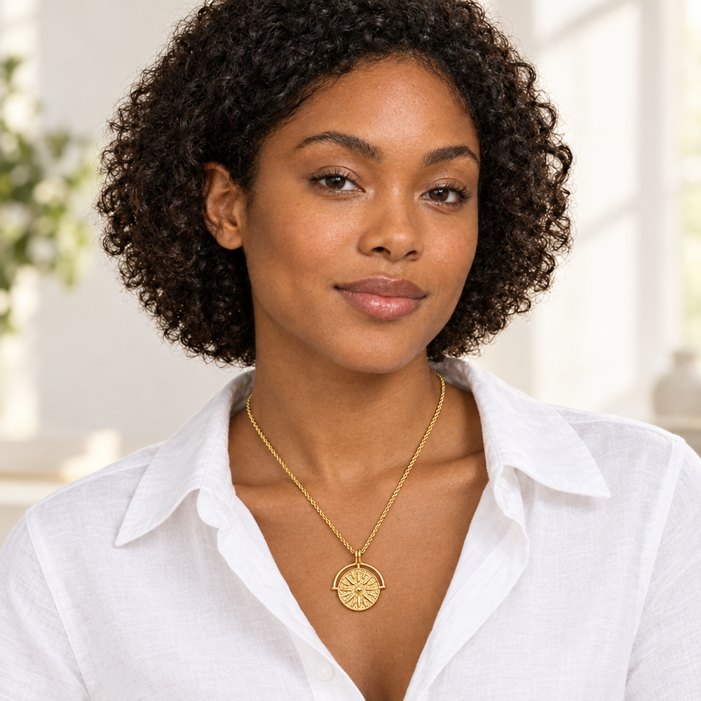 Stevie Compass Medallion Necklace — on model
