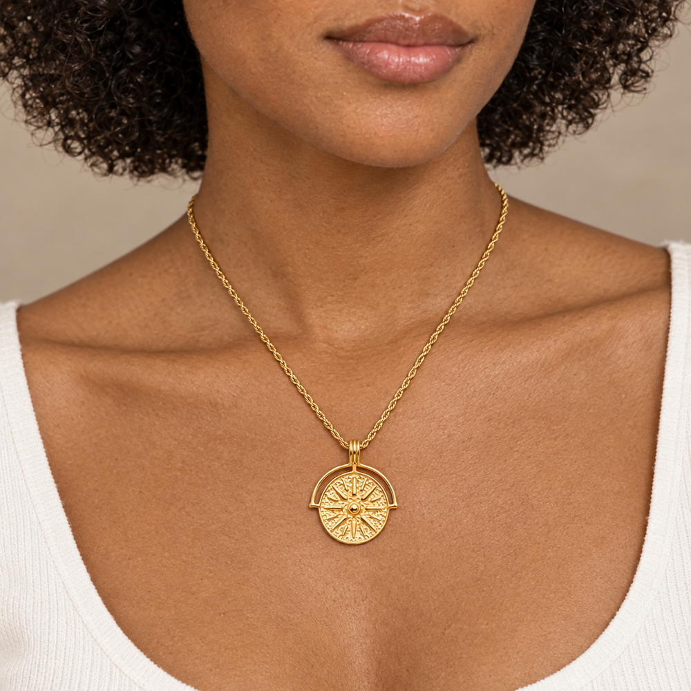 Stevie Compass Medallion Necklace — close-up