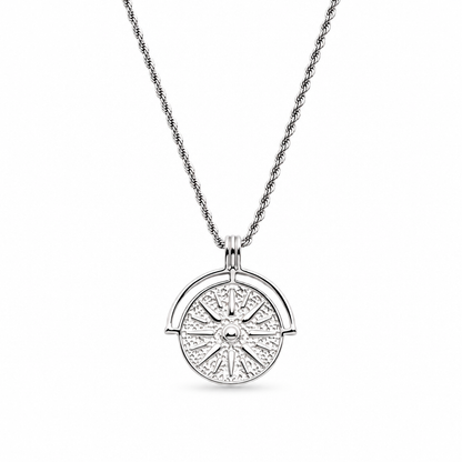 Stevie Compass Medallion Necklace — white background silver