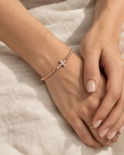 Gold Beaded Pavé Cross Bracelet - CLAYCALI