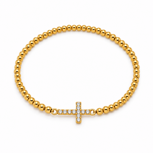 Gold Beaded Pavé Cross Bracelet - CLAYCALI