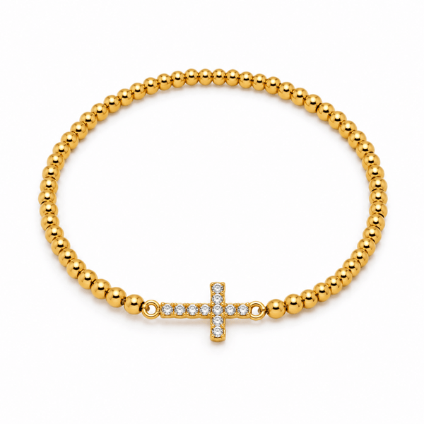 Gold Beaded Pavé Cross Bracelet