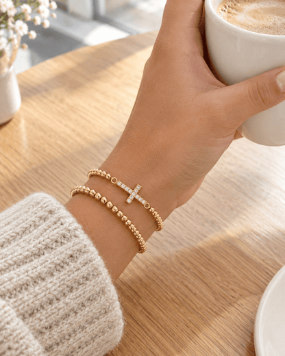 Gold Beaded Pavé Cross Bracelet - CLAYCALI