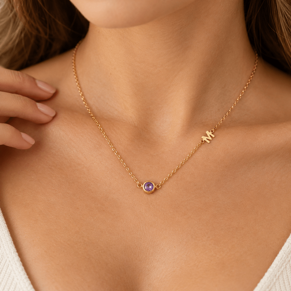 Poppy Side-Set Initial Birthstone Necklace - CLAYCALI