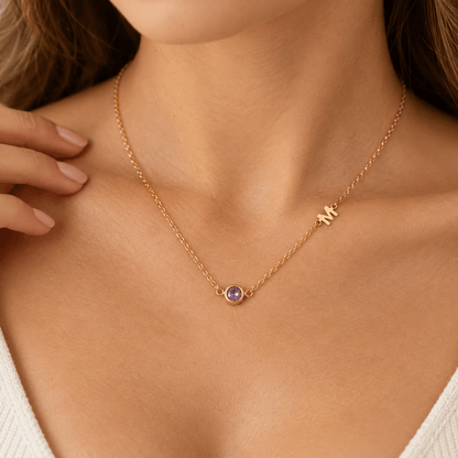 Poppy Side-Set Initial Birthstone Necklace - CLAYCALI