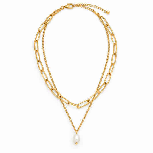 Nadia Paperclip & Pearl Drop Layered Necklace - CLAYCALI