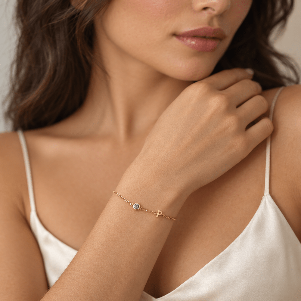 Penny Side-Set Initial Birthstone Bracelet - CLAYCALI