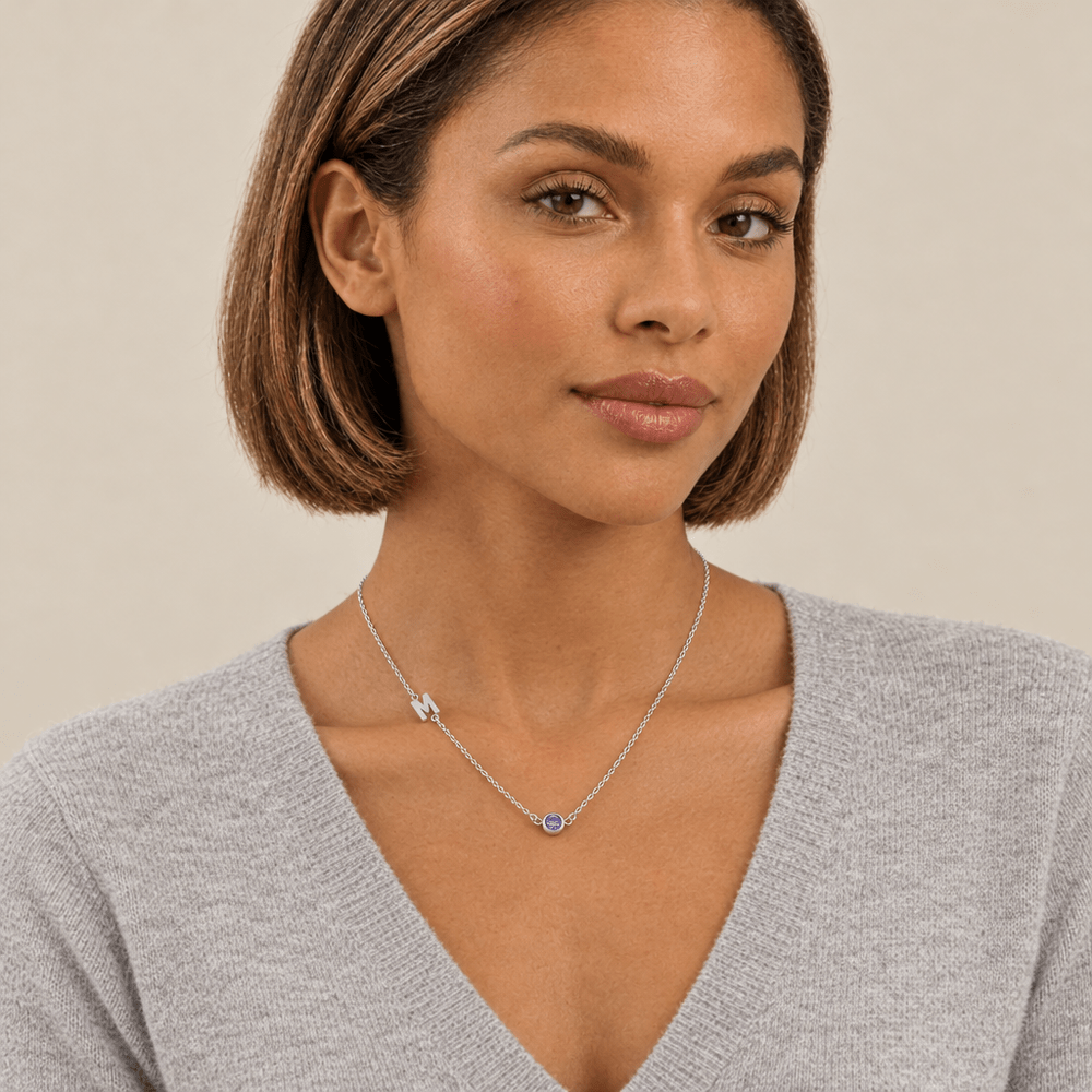 Poppy Side-Set Initial Birthstone Necklace - CLAYCALI